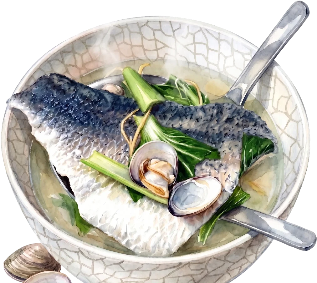 金讚鱸魚湯：一整片鱸魚、蛤蜊與青菜湯品